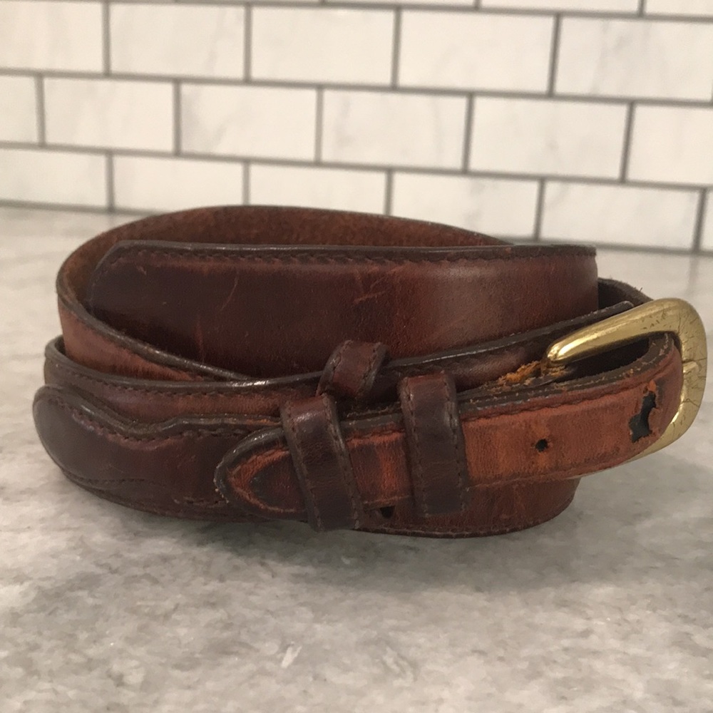 Vintage Western Belt Mens 38 Brown Brass Buckle Cowboy Rodeo Ranch
